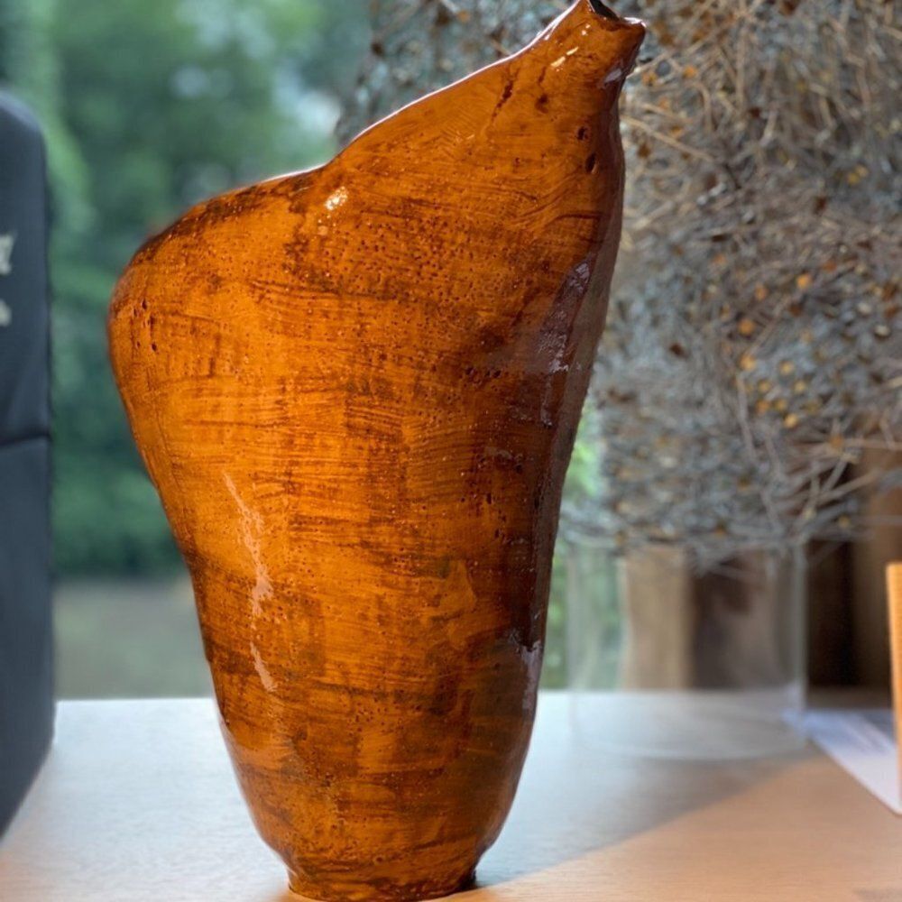 Vintage Handmade Glossy Ceramic Wood Print Vase